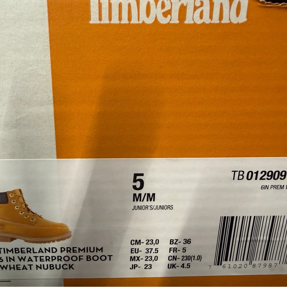 Timberland Wheat/Yellow Nubuck Junior Boots Box Label